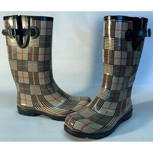 Nomad Puddles Women's 10 Rain Boots Rubber 2216 Plaid Red/Black/White Buckle- B